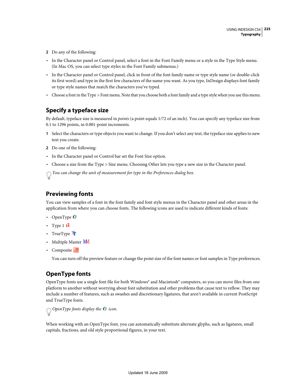 Specify a typeface size, Previewing fonts, Opentype fonts | Adobe InDesign CS4 User Manual | Page 233 / 717