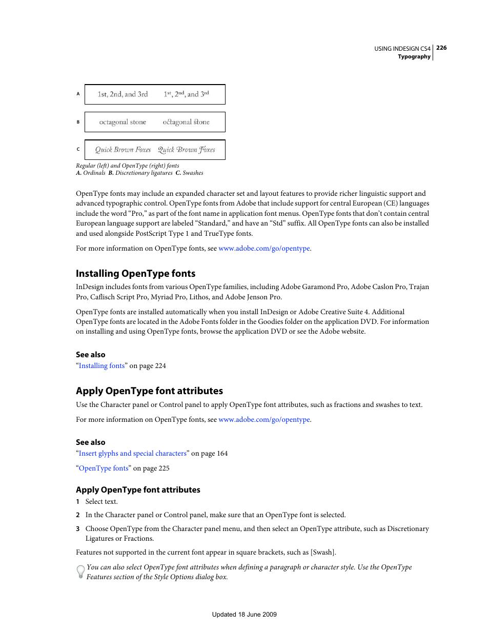 Installing opentype fonts, Apply opentype font attributes | Adobe InDesign CS4 User Manual | Page 234 / 717