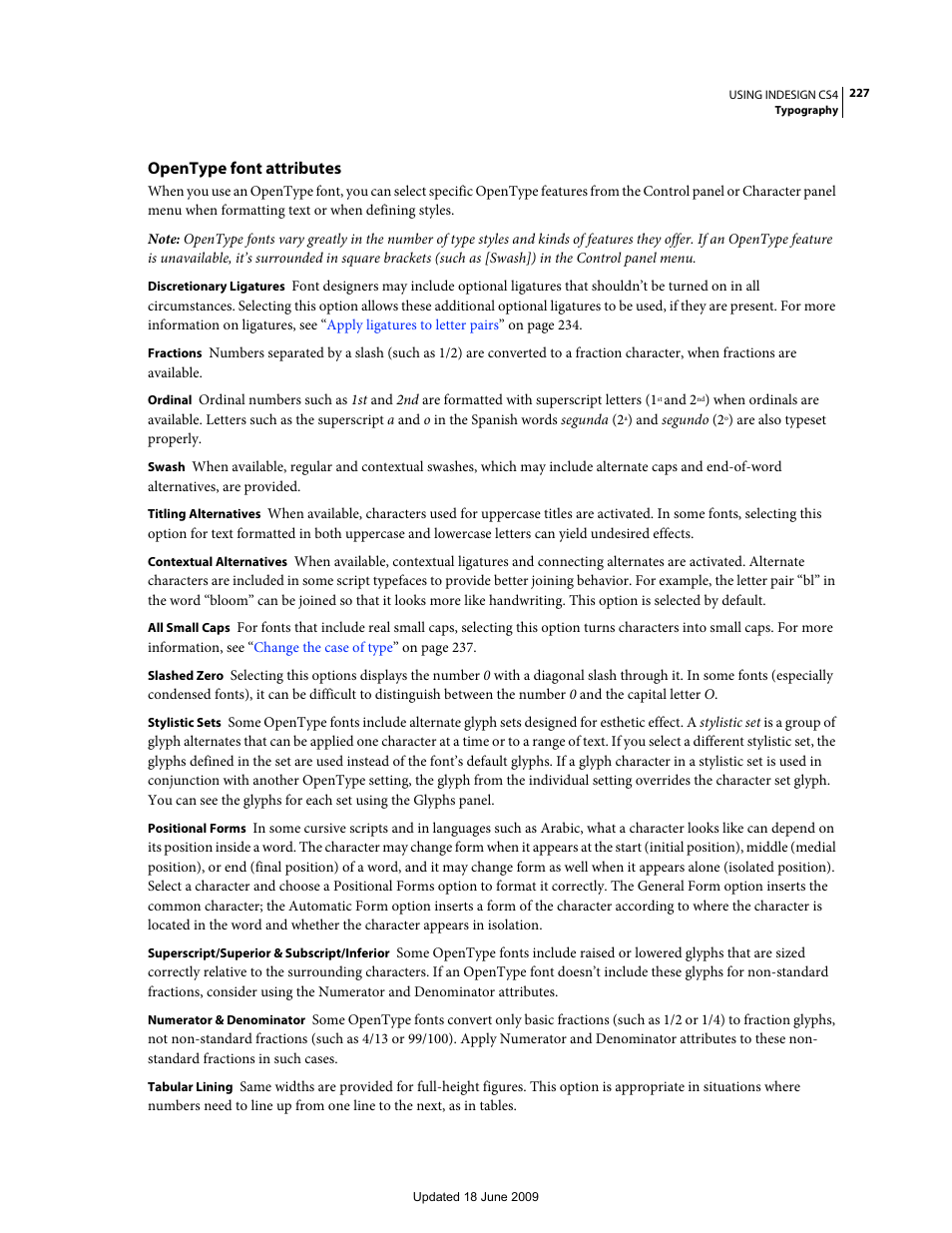 Opentype font attributes | Adobe InDesign CS4 User Manual | Page 235 / 717