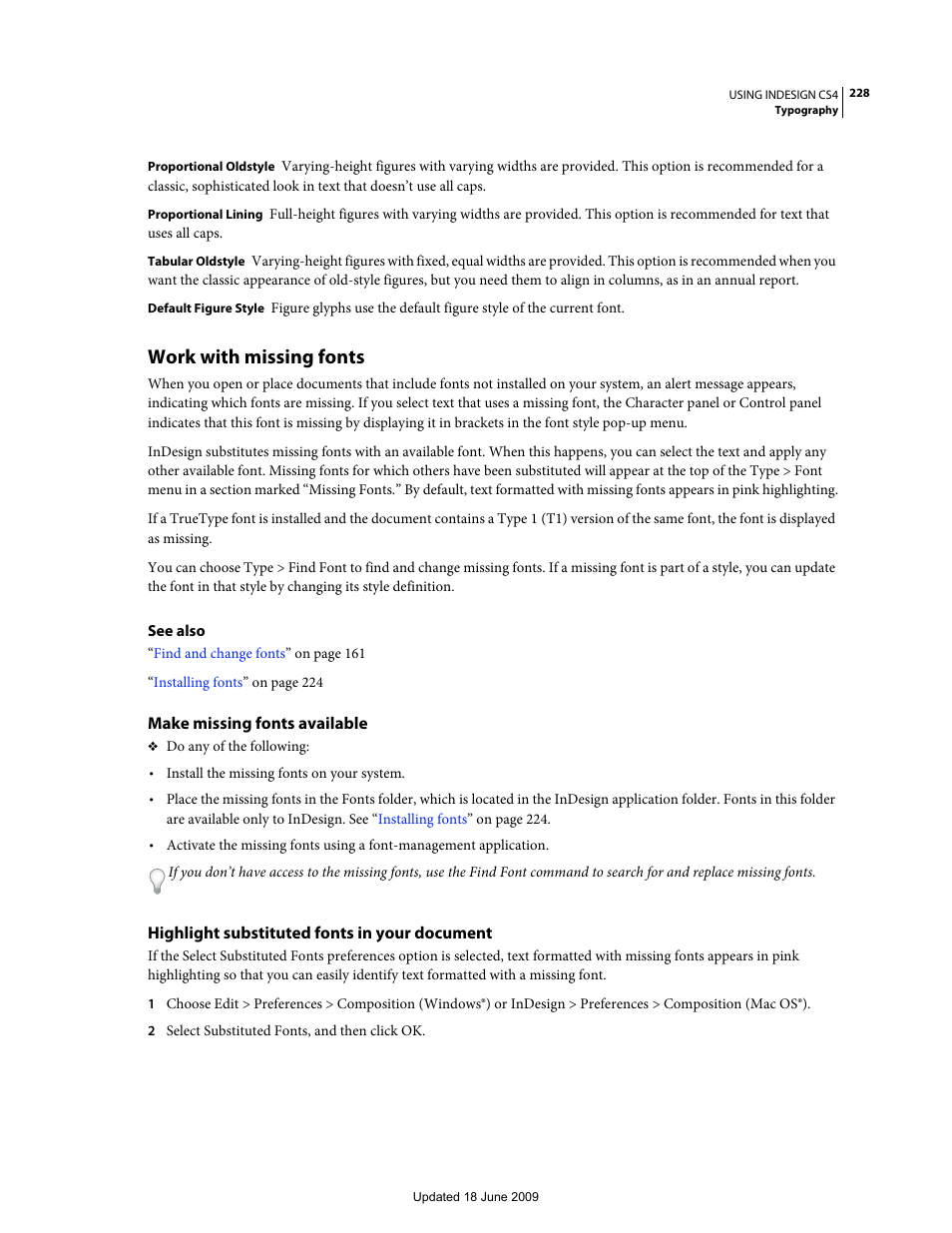 Work with missing fonts, Make missing fonts available, Highlight substituted fonts in your document | Adobe InDesign CS4 User Manual | Page 236 / 717