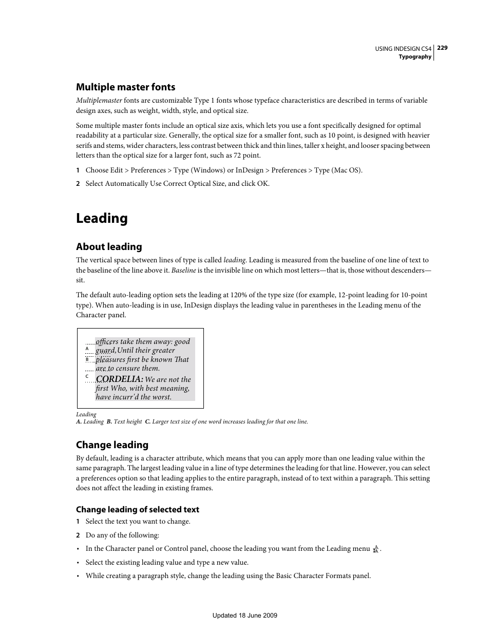Multiple master fonts, Leading, About leading | Change leading, Change leading of selected text, Cordelia | Adobe InDesign CS4 User Manual | Page 237 / 717