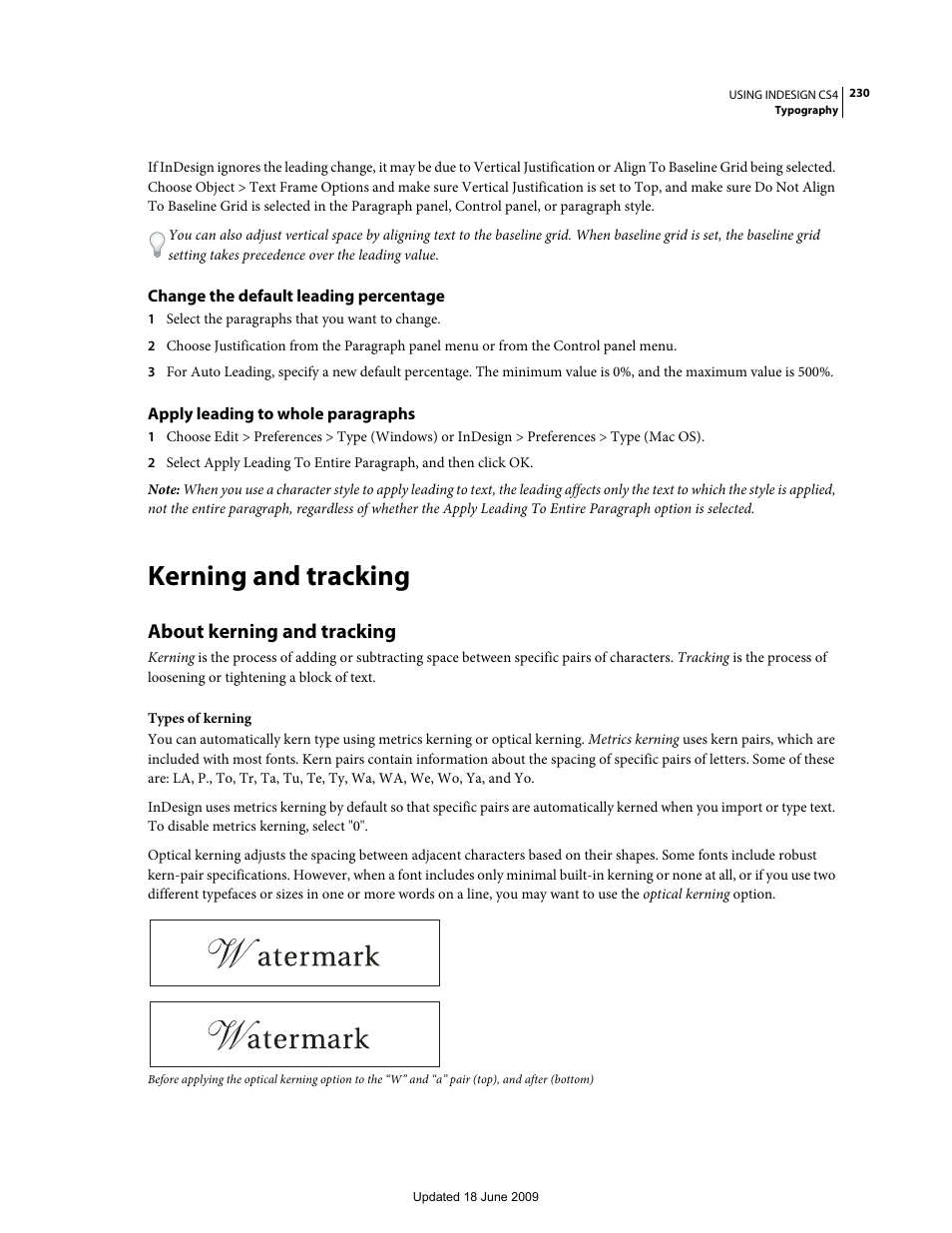 Change the default leading percentage, Apply leading to whole paragraphs, Kerning and tracking | About kerning and tracking | Adobe InDesign CS4 User Manual | Page 238 / 717