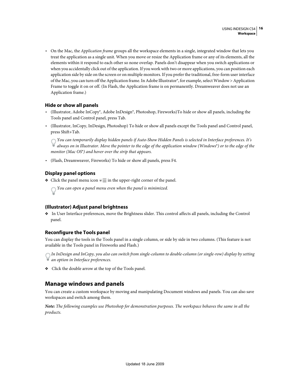 Hide or show all panels, Display panel options, Illustrator) adjust panel brightness | Reconfigure the tools panel, Manage windows and panels | Adobe InDesign CS4 User Manual | Page 24 / 717