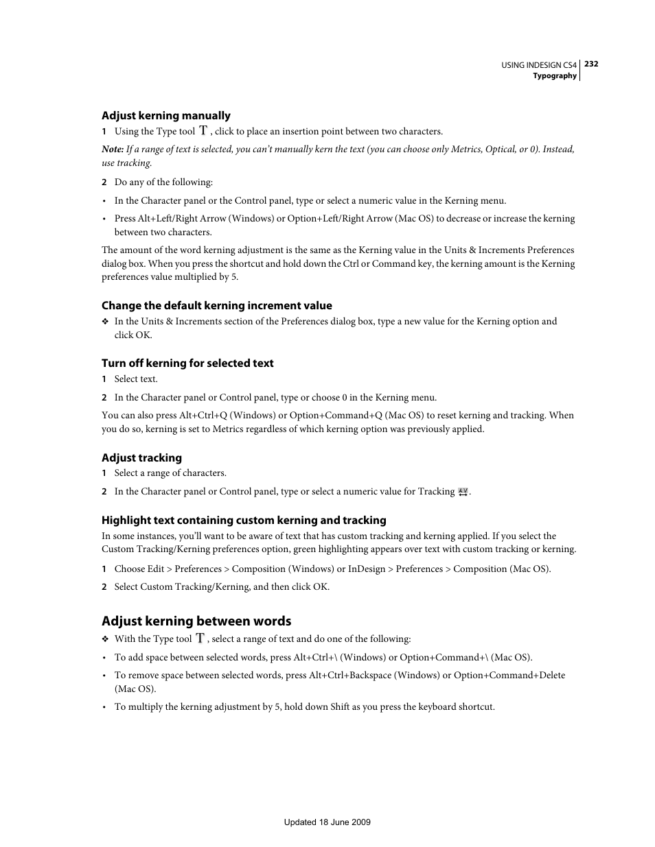 Adjust kerning manually, Change the default kerning increment value, Turn off kerning for selected text | Adjust tracking, Adjust kerning between words | Adobe InDesign CS4 User Manual | Page 240 / 717