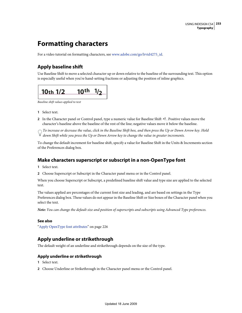 Formatting characters, Apply baseline shift, Apply underline or strikethrough | Adobe InDesign CS4 User Manual | Page 241 / 717