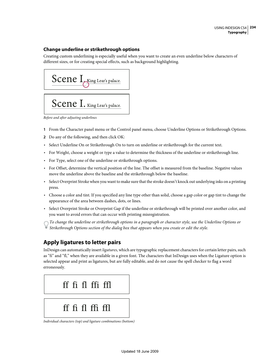 Change underline or strikethrough options, Apply ligatures to letter pairs, Information on ligatures, see | Adobe InDesign CS4 User Manual | Page 242 / 717