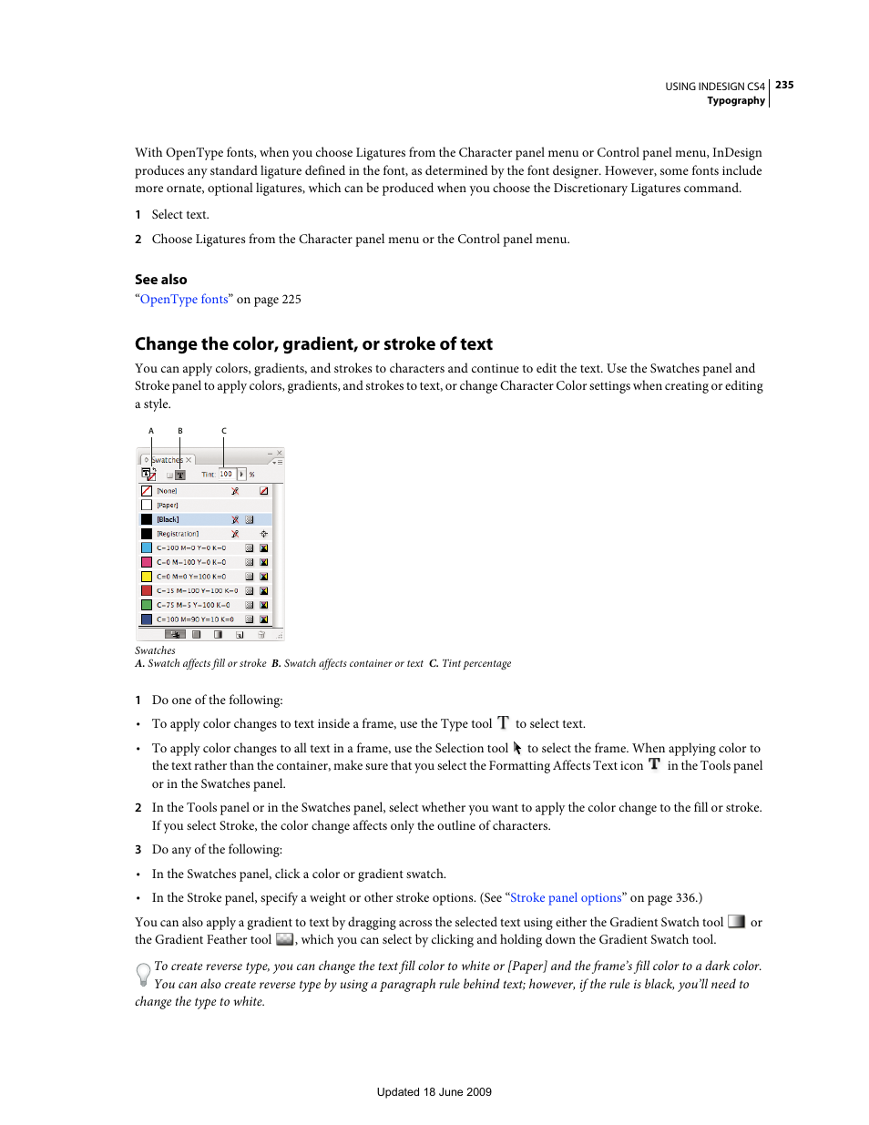 Change the color, gradient, or stroke of text | Adobe InDesign CS4 User Manual | Page 243 / 717