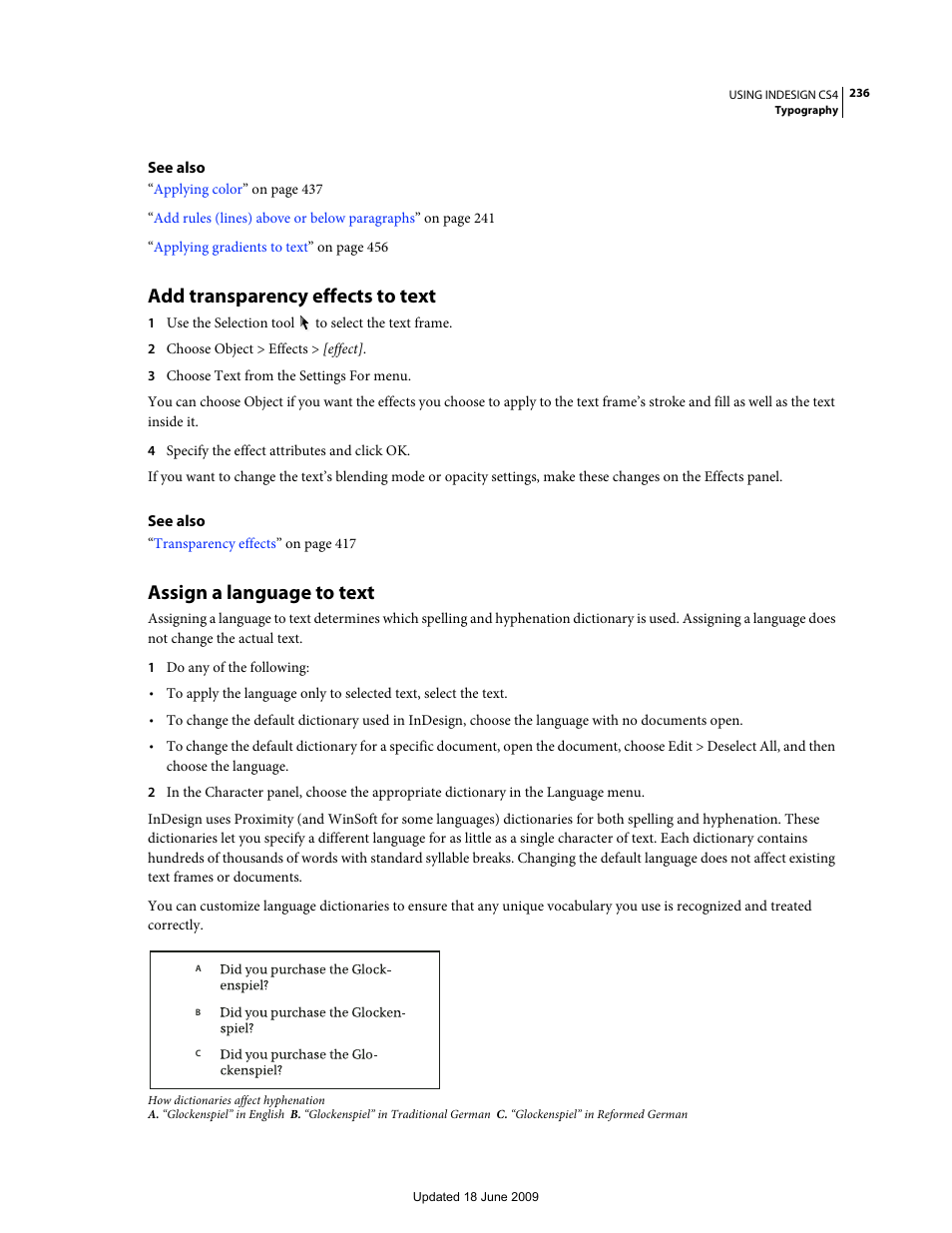 Add transparency effects to text, Assign a language to text | Adobe InDesign CS4 User Manual | Page 244 / 717