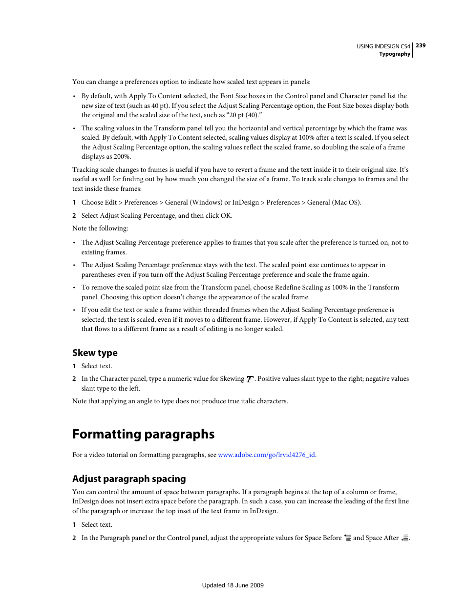 Skew type, Formatting paragraphs, Adjust paragraph spacing | Adobe InDesign CS4 User Manual | Page 247 / 717