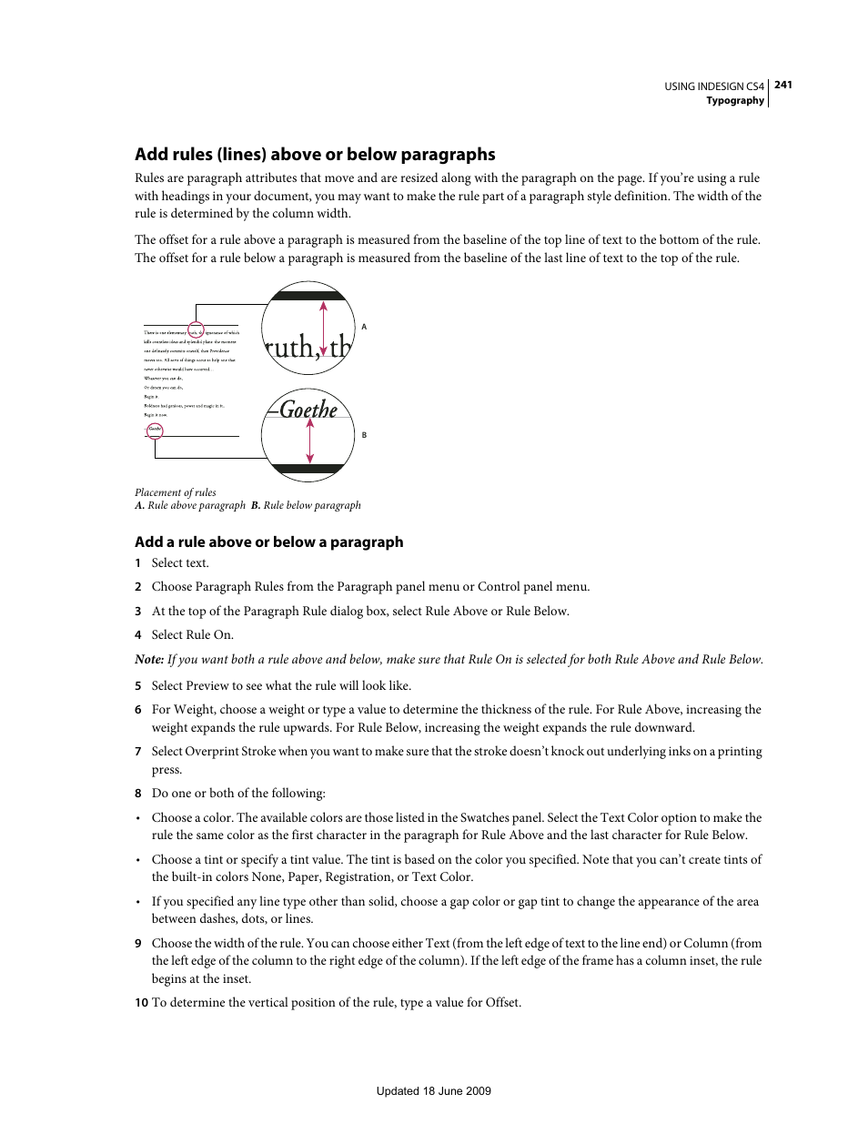 Add rules (lines) above or below paragraphs, Add a rule above or below a paragraph | Adobe InDesign CS4 User Manual | Page 249 / 717