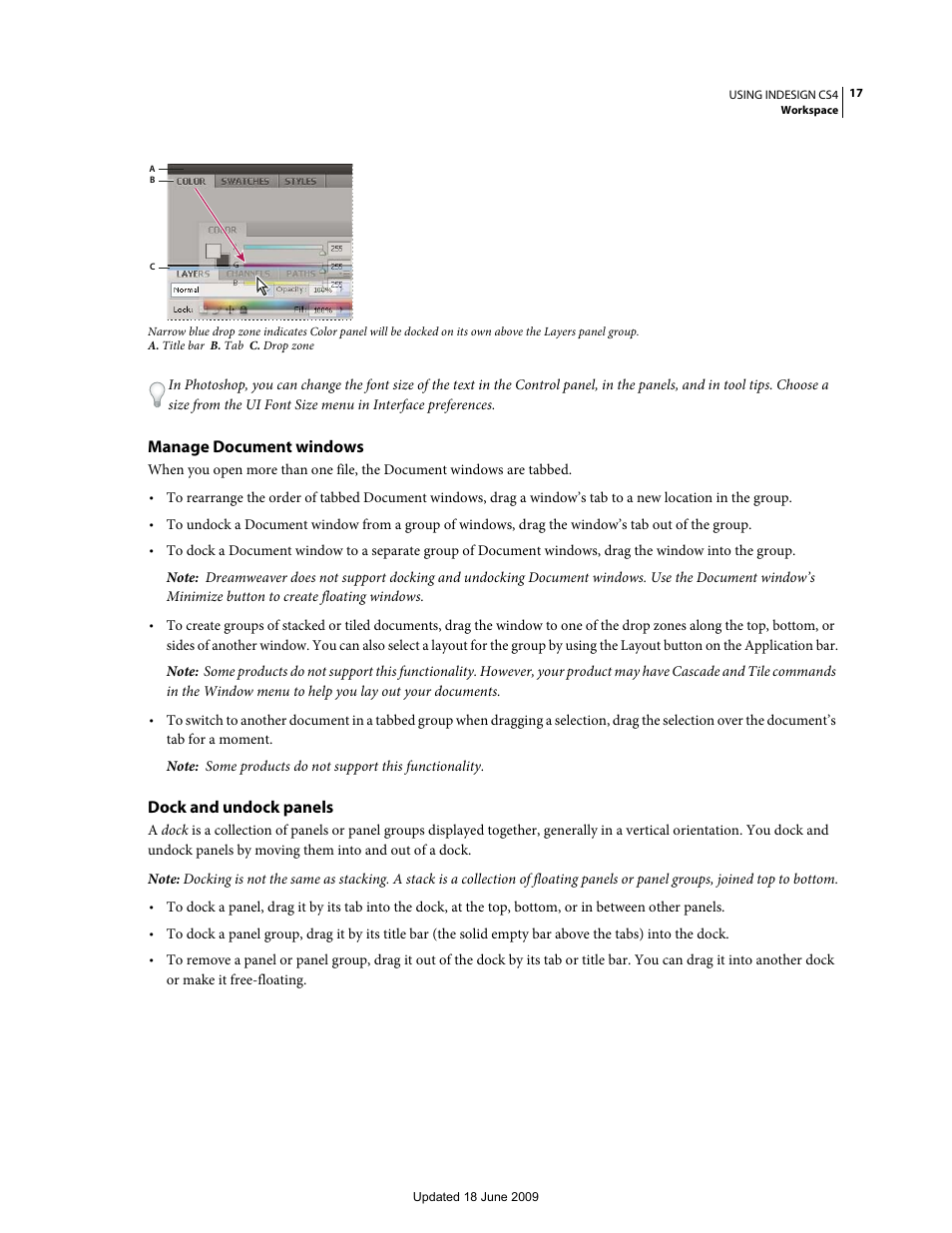 Manage document windows, Dock and undock panels | Adobe InDesign CS4 User Manual | Page 25 / 717