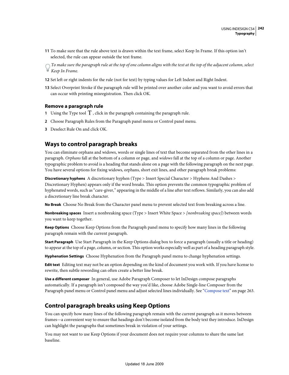 Remove a paragraph rule, Ways to control paragraph breaks, Control paragraph breaks using keep options | Adobe InDesign CS4 User Manual | Page 250 / 717