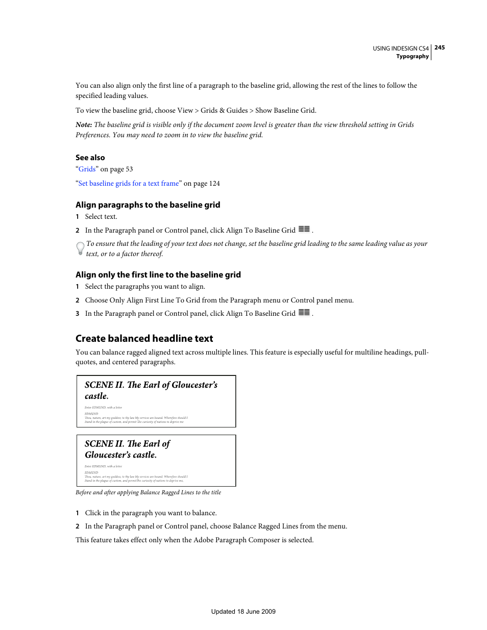 Align paragraphs to the baseline grid, Align only the first line to the baseline grid, Create balanced headline text | Adobe InDesign CS4 User Manual | Page 253 / 717