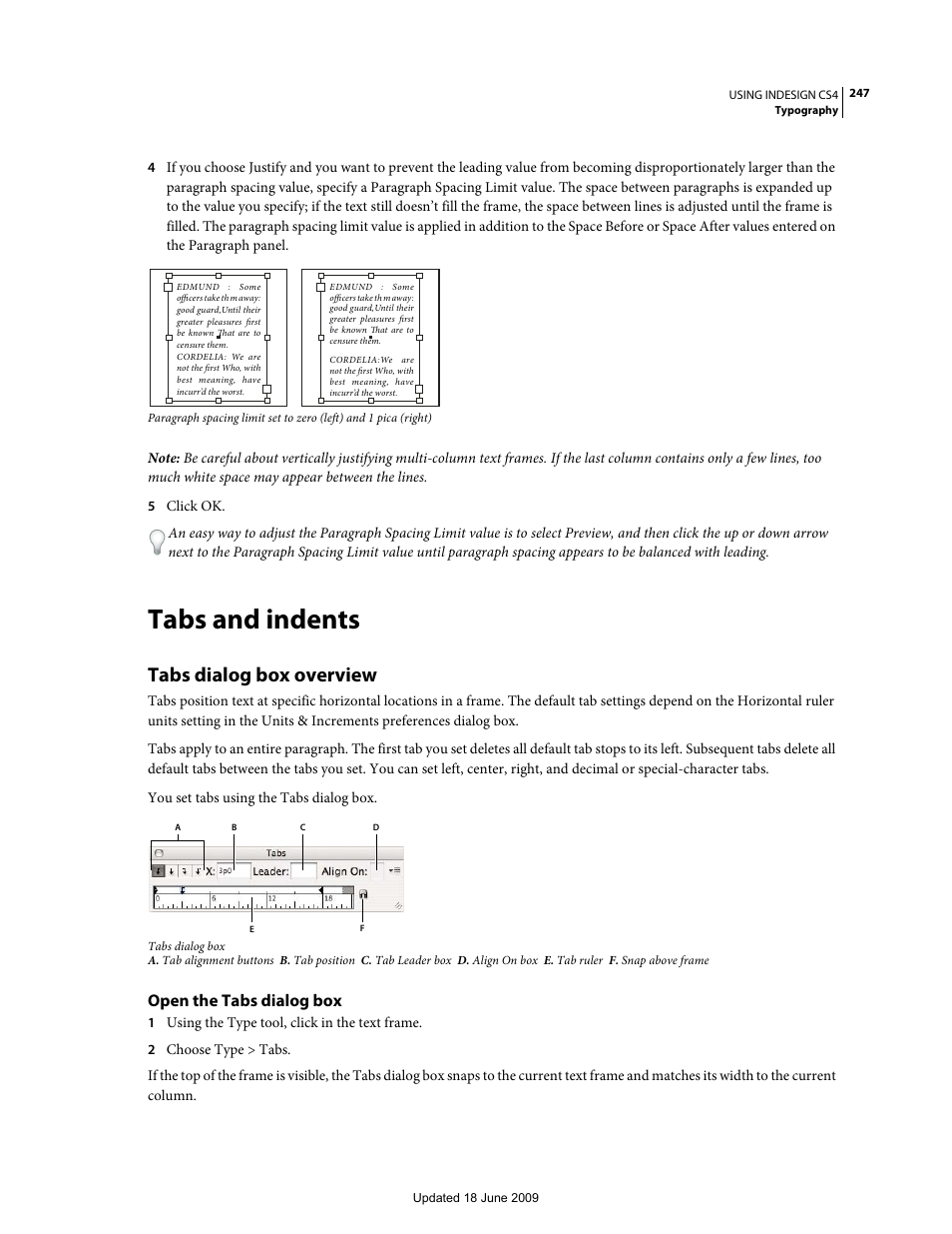 Tabs and indents, Tabs dialog box overview, Open the tabs dialog box | Adobe InDesign CS4 User Manual | Page 255 / 717