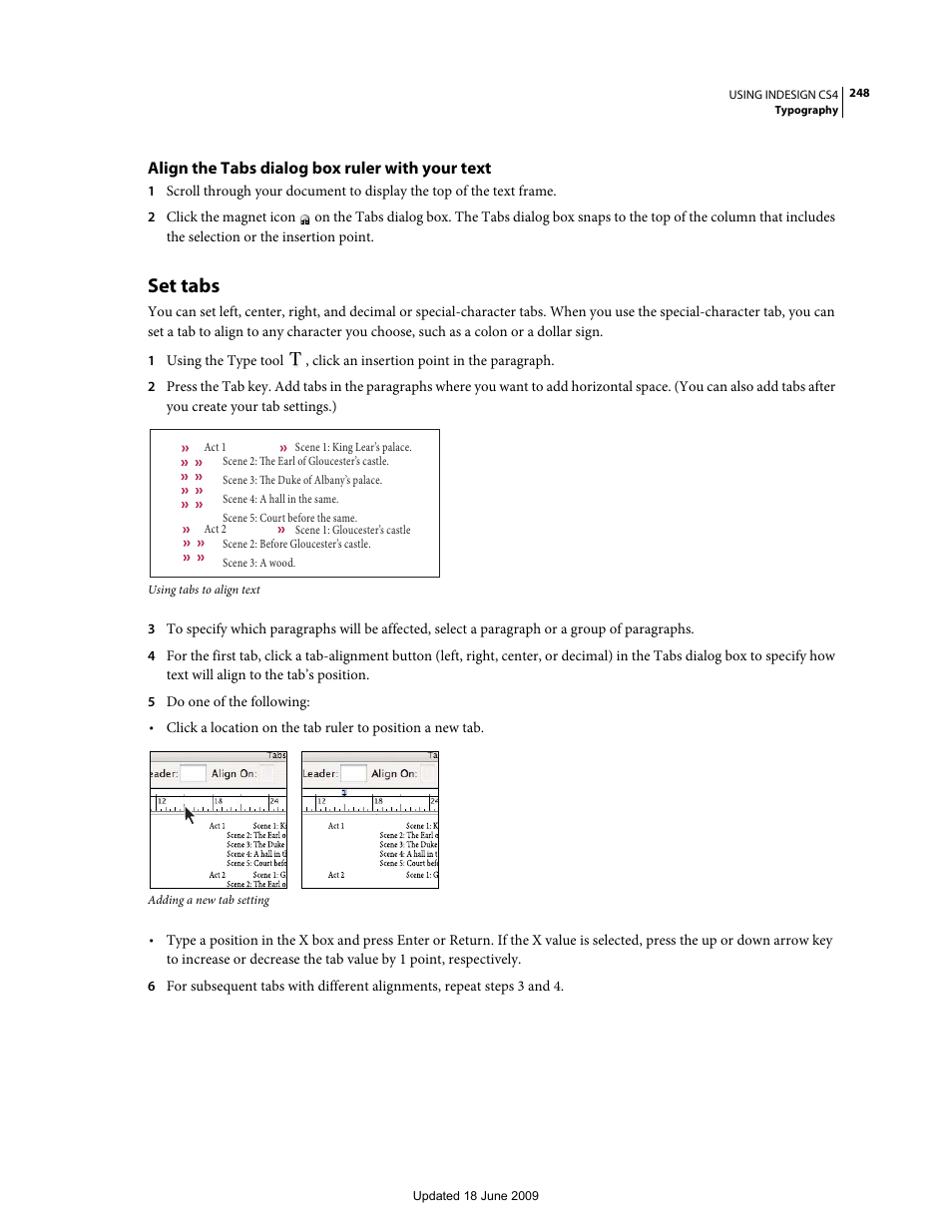 Align the tabs dialog box ruler with your text, Set tabs | Adobe InDesign CS4 User Manual | Page 256 / 717