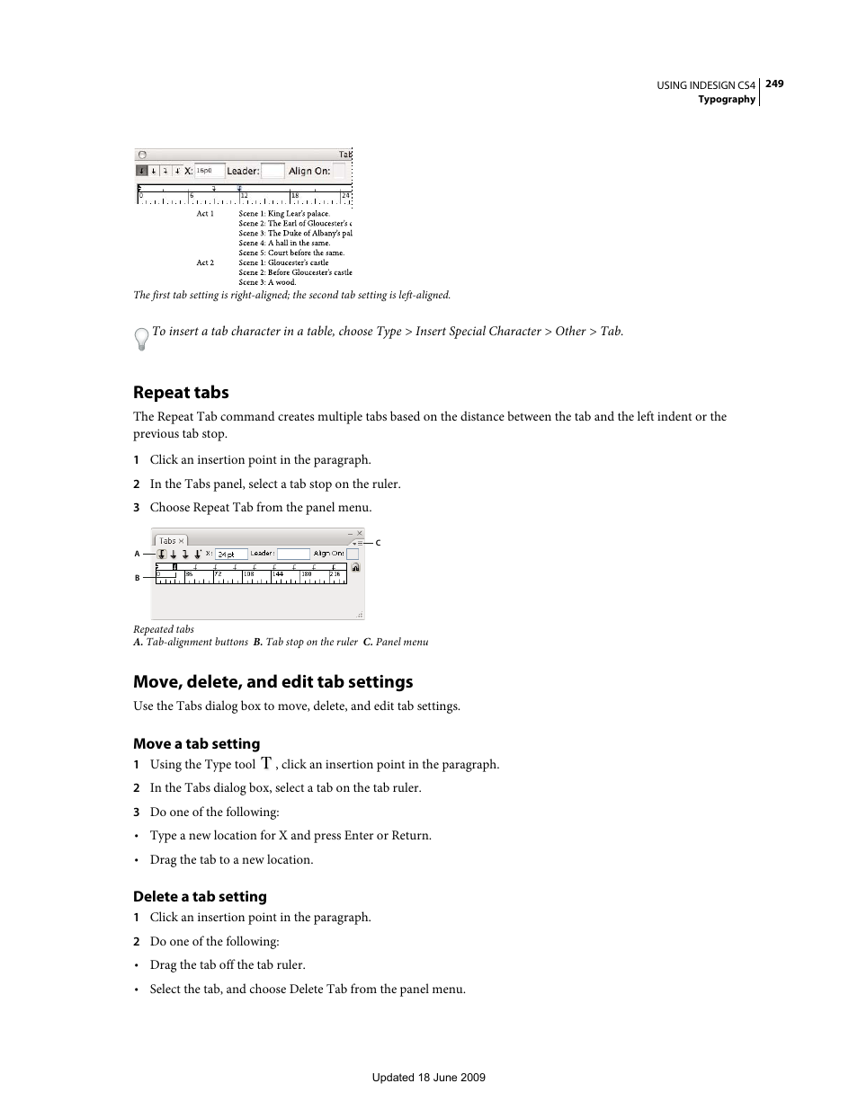 Repeat tabs, Move, delete, and edit tab settings, Move a tab setting | Delete a tab setting | Adobe InDesign CS4 User Manual | Page 257 / 717