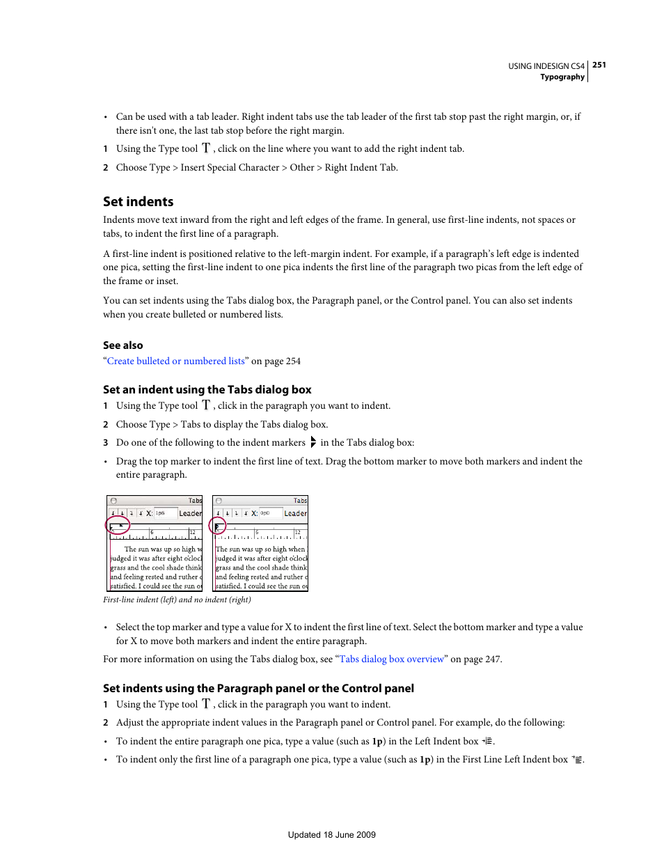 Set indents, Set an indent using the tabs dialog box | Adobe InDesign CS4 User Manual | Page 259 / 717