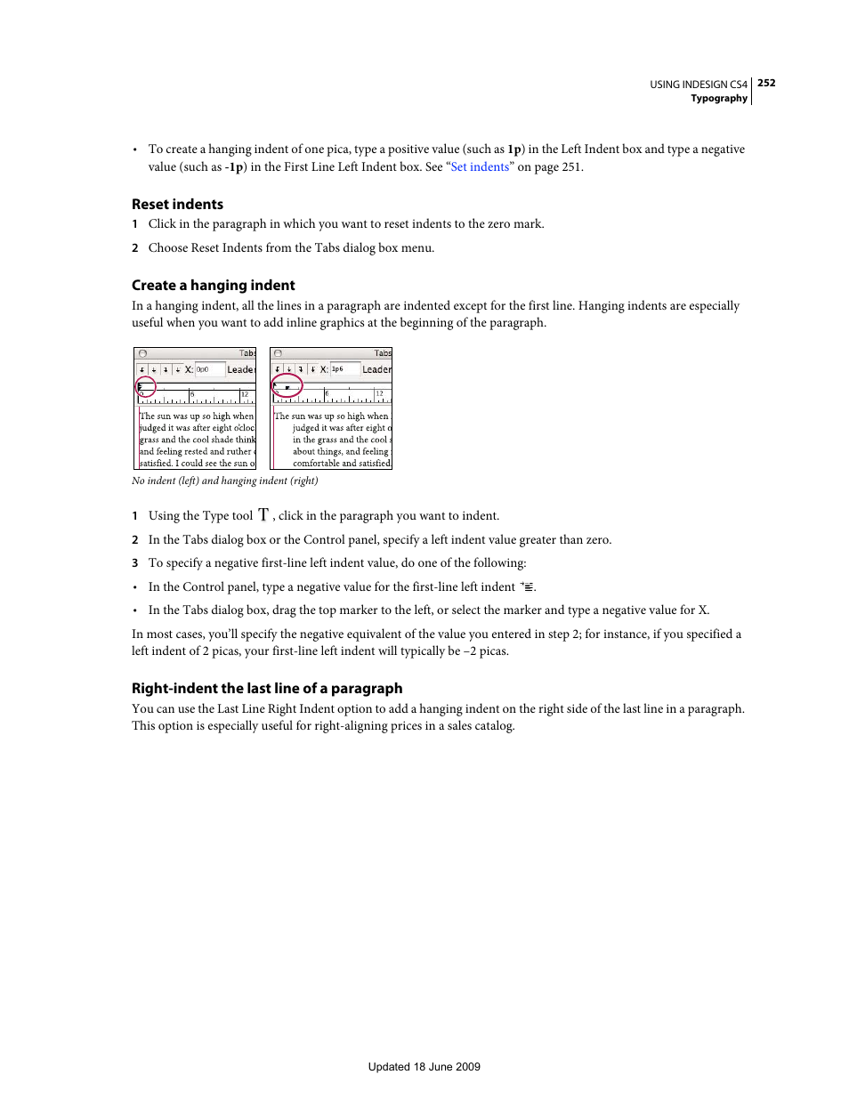 Reset indents, Create a hanging indent, Right-indent the last line of a paragraph | Adobe InDesign CS4 User Manual | Page 260 / 717