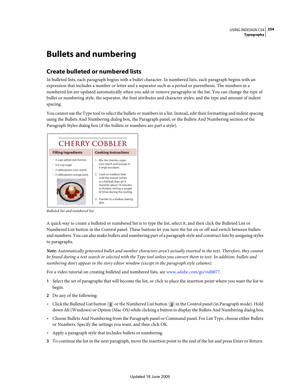 Bullets and numbering, Create bulleted or numbered lists | Adobe InDesign CS4 User Manual | Page 262 / 717