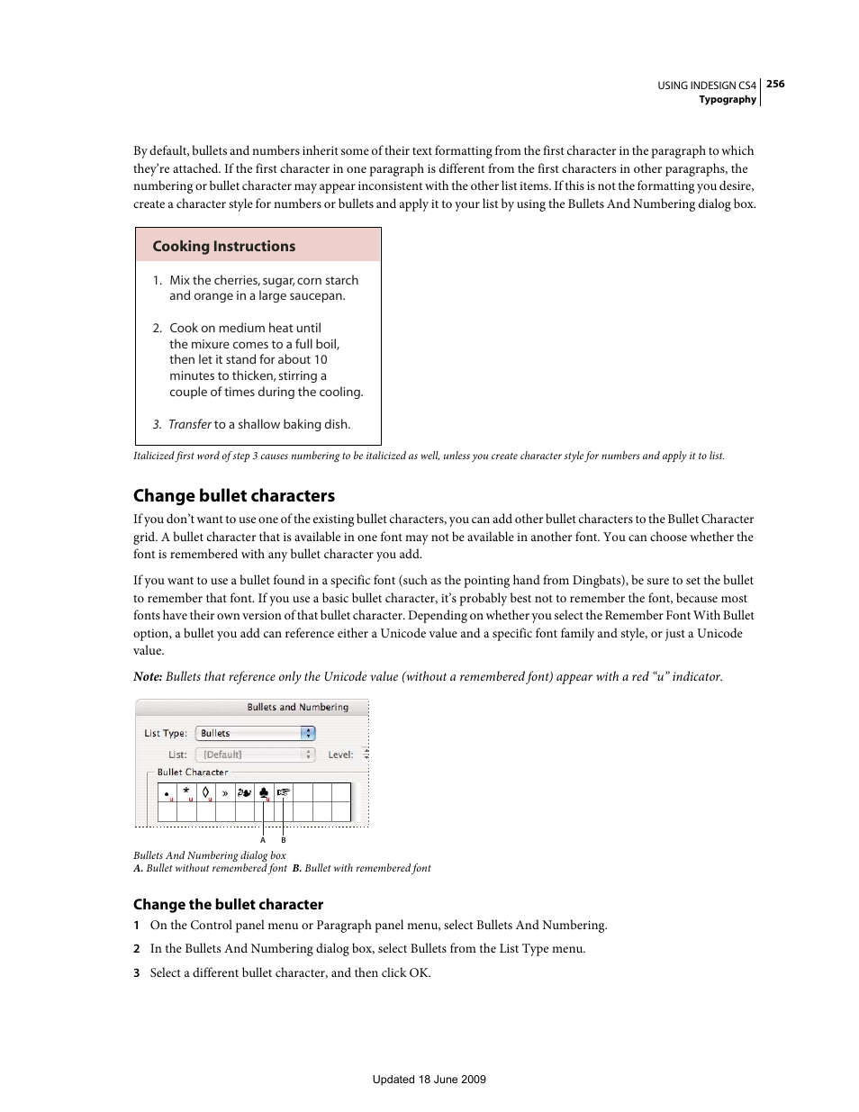Change bullet characters, Change the bullet character, Cooking instructions | Adobe InDesign CS4 User Manual | Page 264 / 717