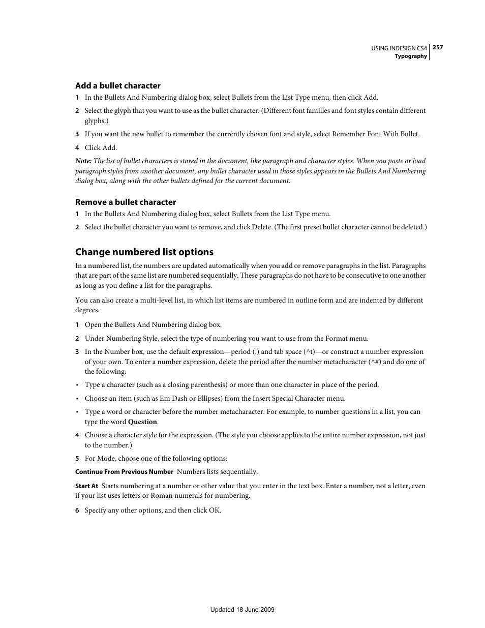 Add a bullet character, Remove a bullet character, Change numbered list options | Adobe InDesign CS4 User Manual | Page 265 / 717