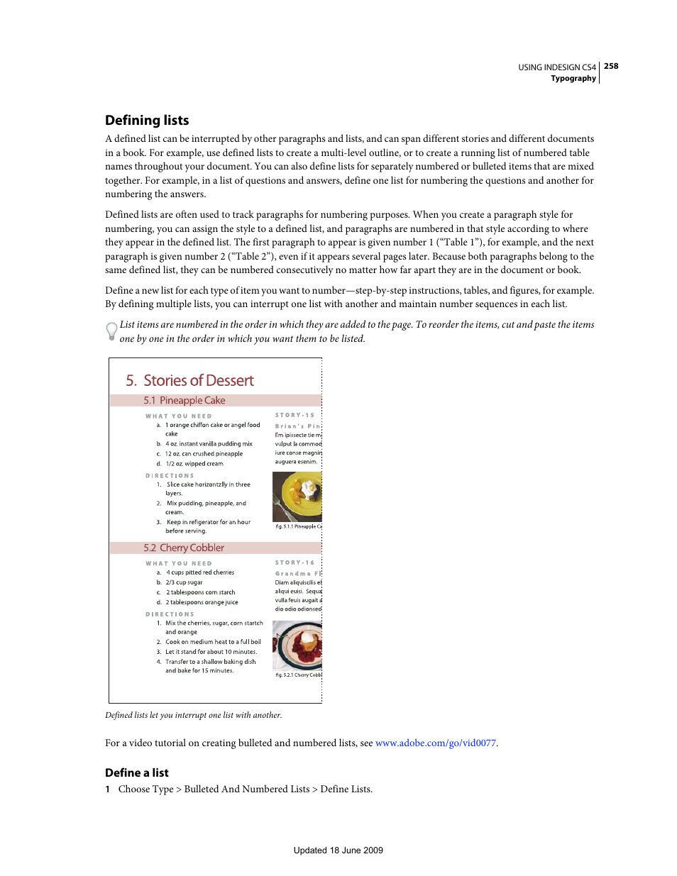 Defining lists, Define a list | Adobe InDesign CS4 User Manual | Page 266 / 717