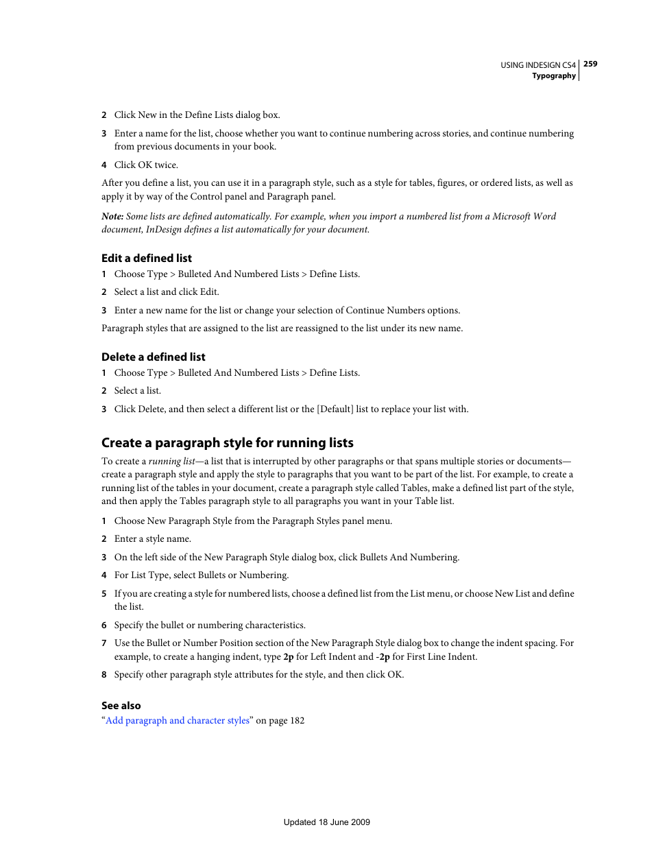 Edit a defined list, Delete a defined list, Create a paragraph style for running lists | Adobe InDesign CS4 User Manual | Page 267 / 717