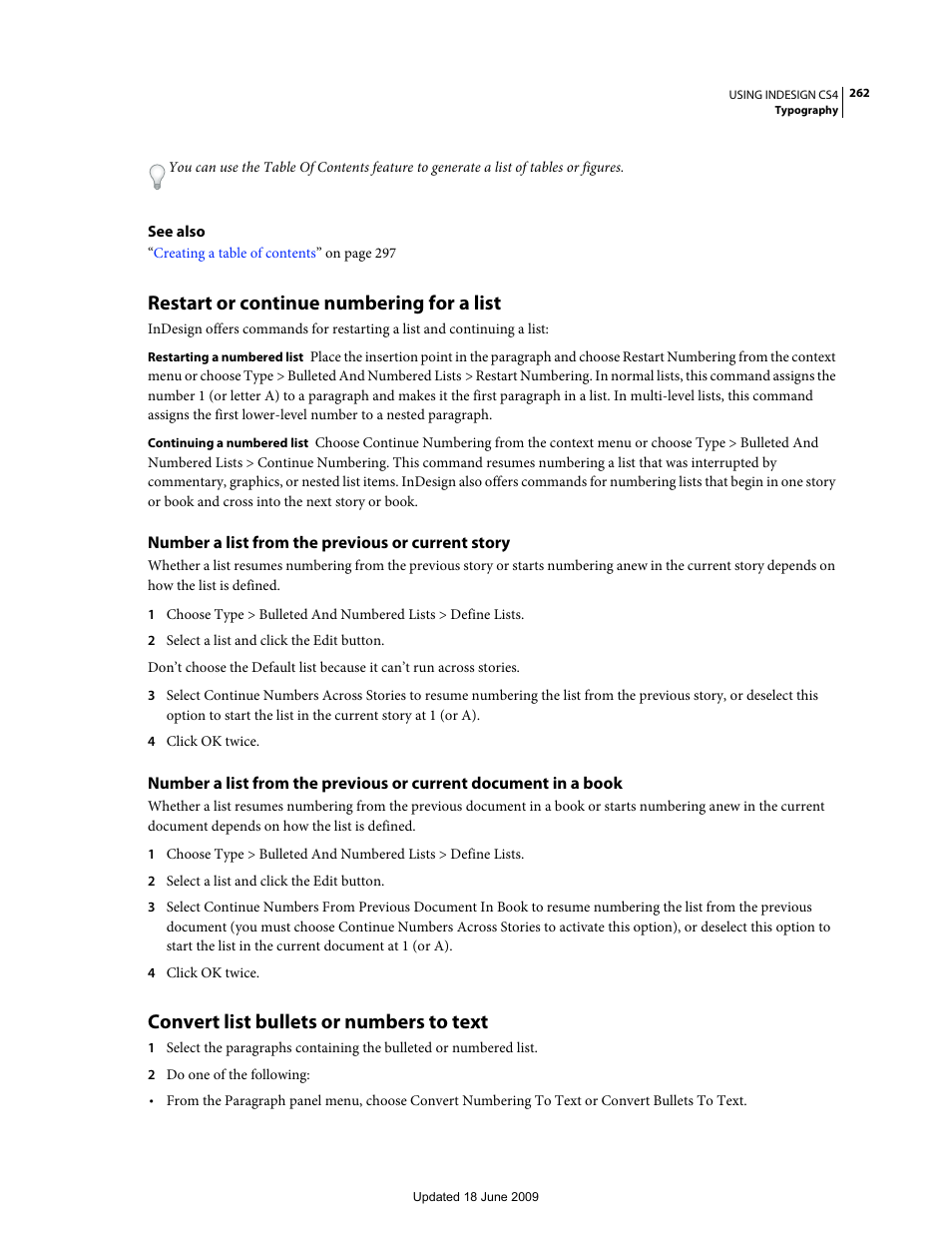 Restart or continue numbering for a list, Number a list from the previous or current story, Convert list bullets or numbers to text | Adobe InDesign CS4 User Manual | Page 270 / 717