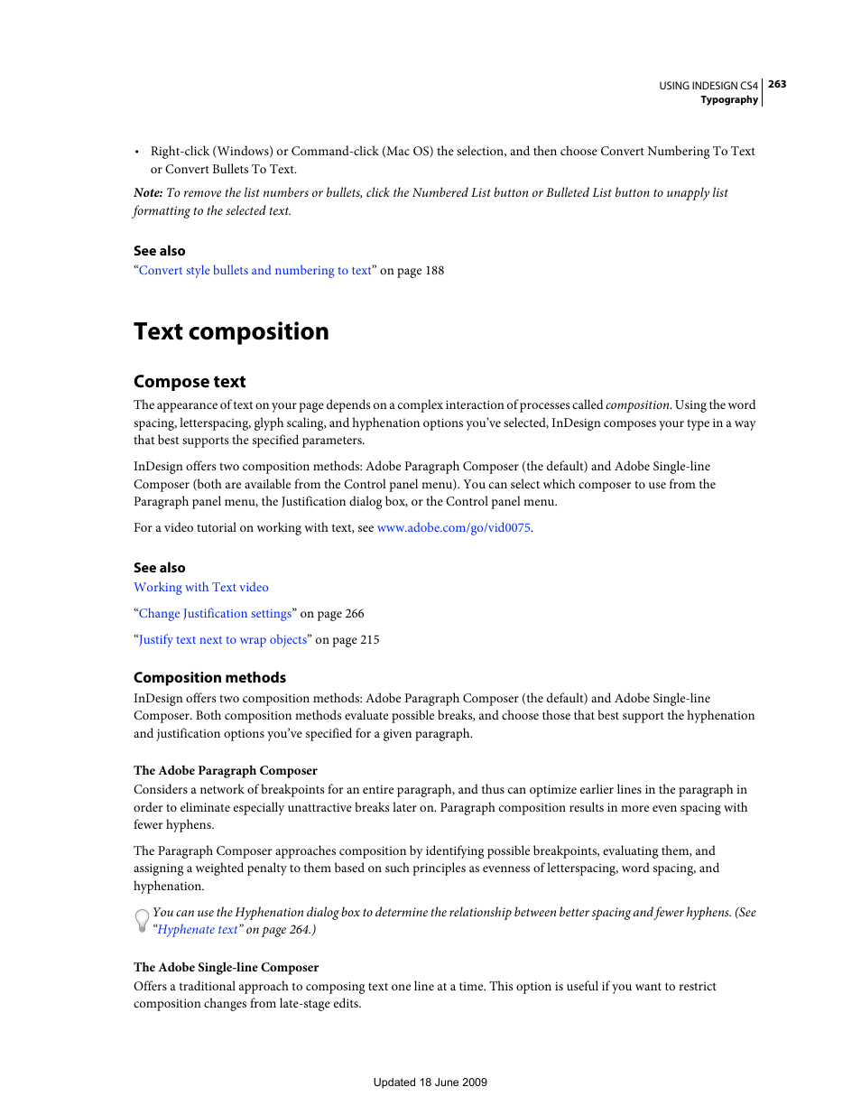 Text composition, Compose text, Composition methods | Adobe InDesign CS4 User Manual | Page 271 / 717