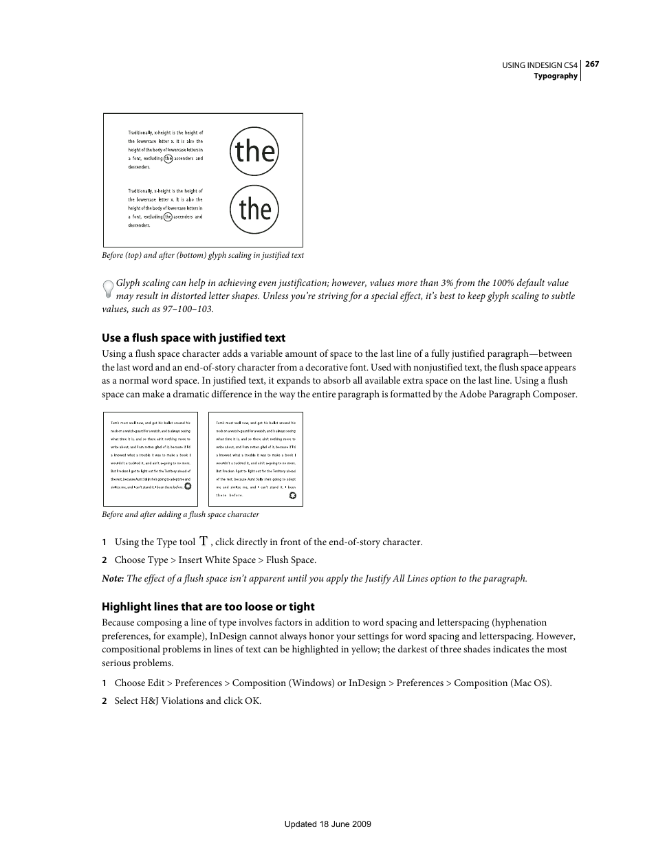 Use a flush space with justified text, Highlight lines that are too loose or tight | Adobe InDesign CS4 User Manual | Page 275 / 717