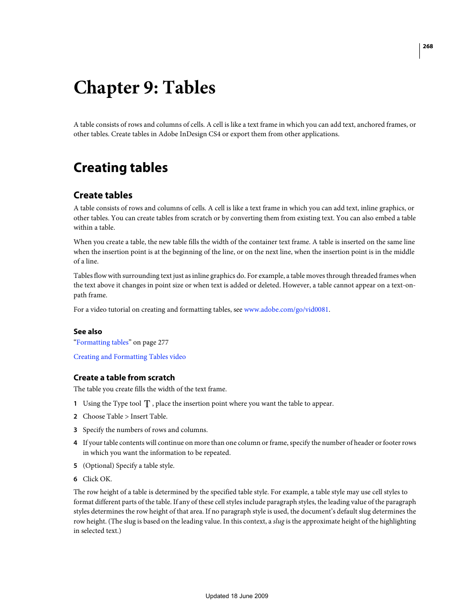 Chapter 9: tables, Creating tables, Create tables | Create a table from scratch | Adobe InDesign CS4 User Manual | Page 276 / 717