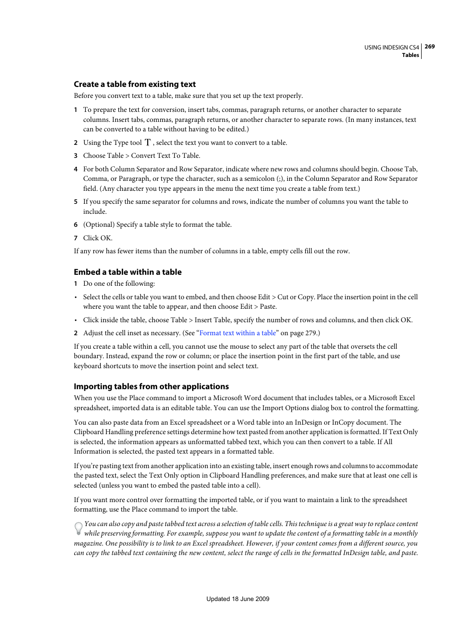 Create a table from existing text, Embed a table within a table, Importing tables from other applications | Adobe InDesign CS4 User Manual | Page 277 / 717