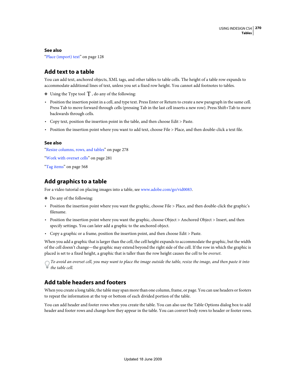 Add text to a table, Add graphics to a table, Add table headers and footers | Adobe InDesign CS4 User Manual | Page 278 / 717