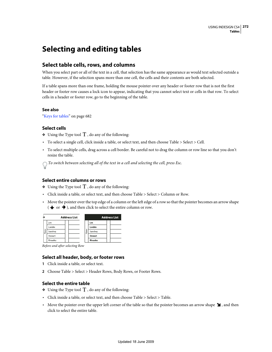 Selecting and editing tables, Select table cells, rows, and columns, Select cells | Select entire columns or rows, Select all header, body, or footer rows, Select the entire table | Adobe InDesign CS4 User Manual | Page 280 / 717