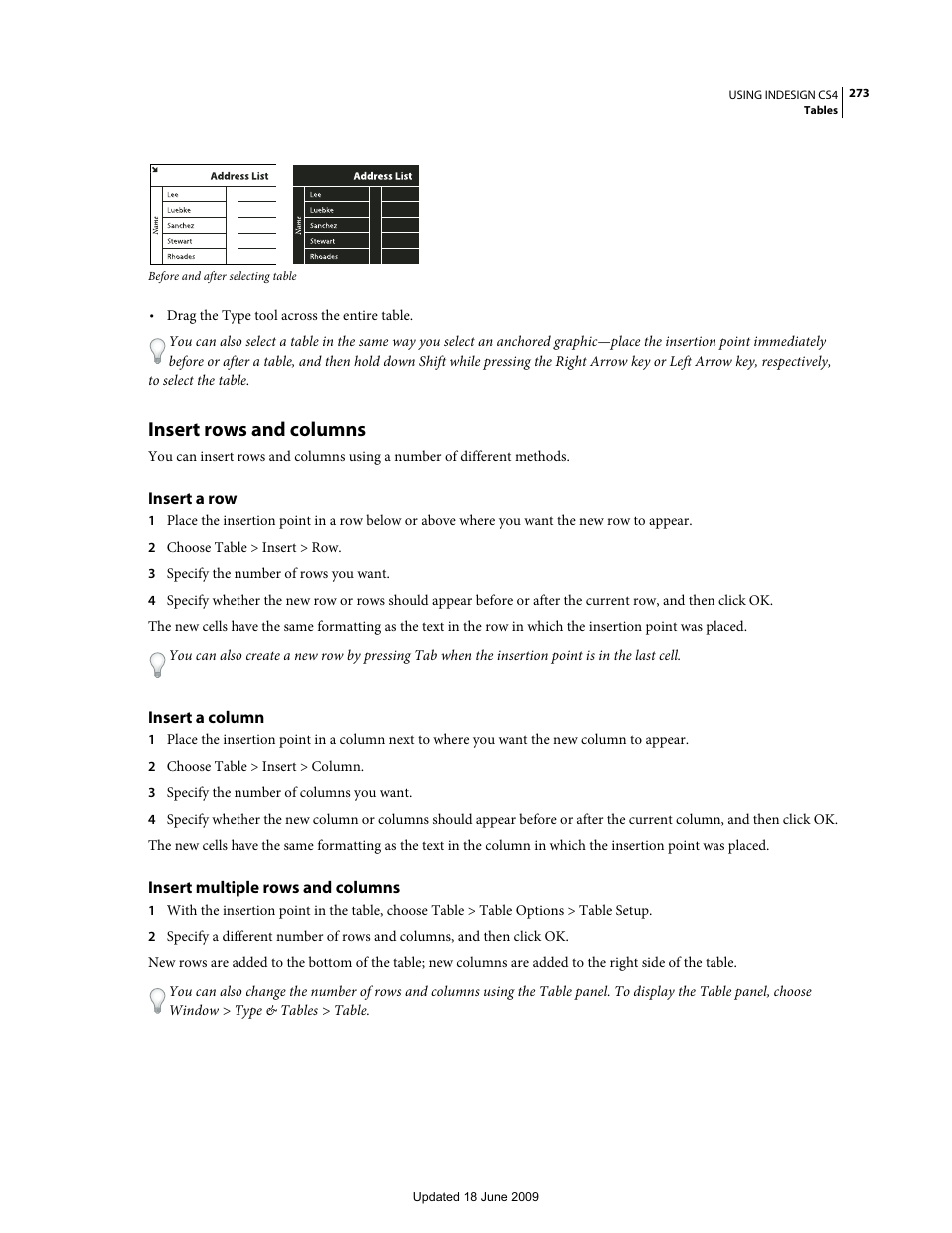 Insert rows and columns, Insert a row, Insert a column | Insert multiple rows and columns | Adobe InDesign CS4 User Manual | Page 281 / 717