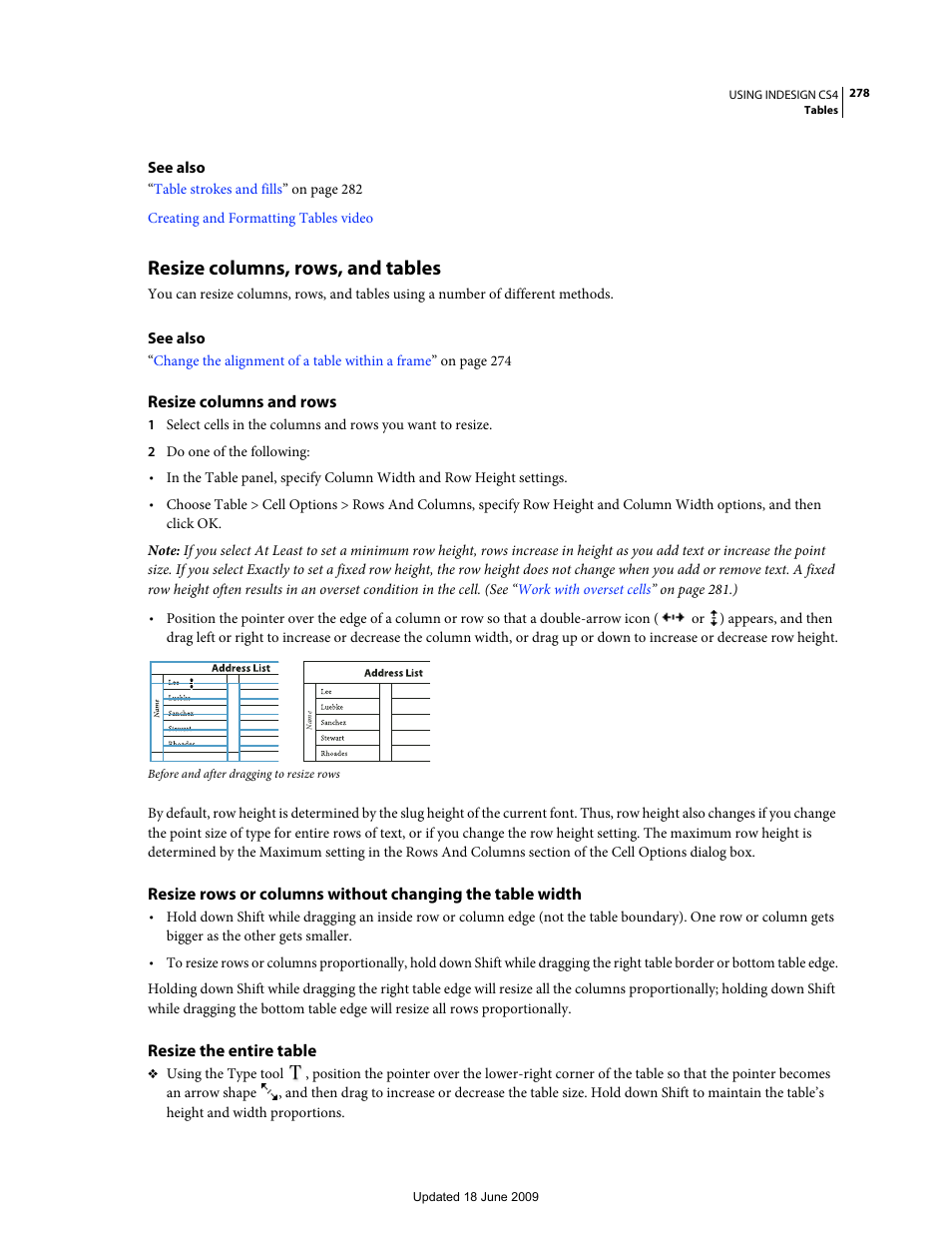 Resize columns, rows, and tables, Resize columns and rows, Resize the entire table | Adobe InDesign CS4 User Manual | Page 286 / 717