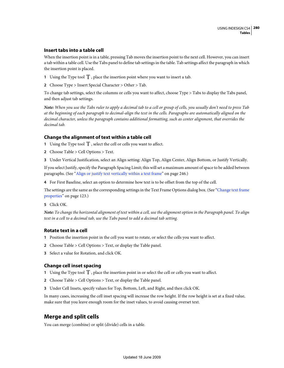 Insert tabs into a table cell, Change the alignment of text within a table cell, Rotate text in a cell | Change cell inset spacing, Merge and split cells | Adobe InDesign CS4 User Manual | Page 288 / 717