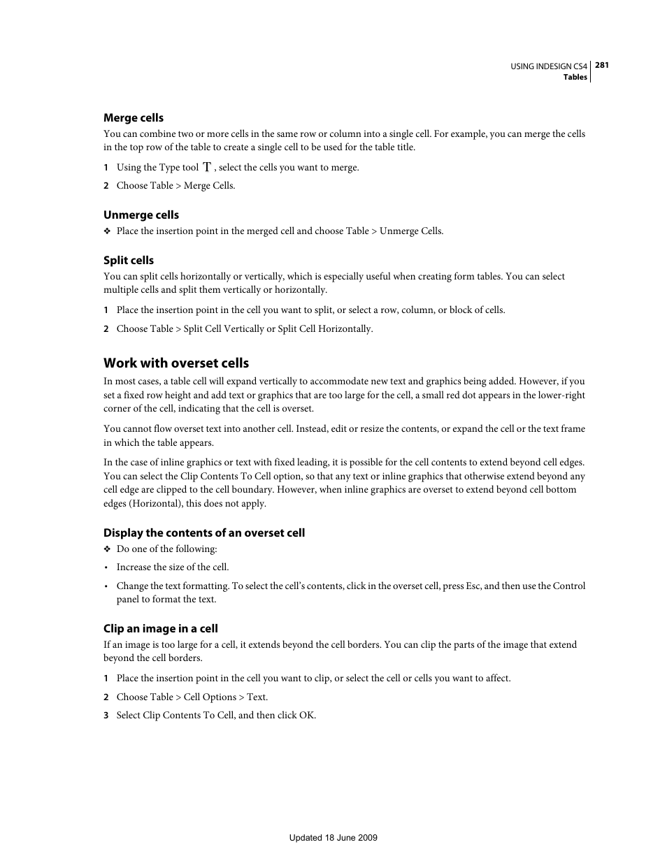 Merge cells, Unmerge cells, Split cells | Work with overset cells, Display the contents of an overset cell, Clip an image in a cell | Adobe InDesign CS4 User Manual | Page 289 / 717