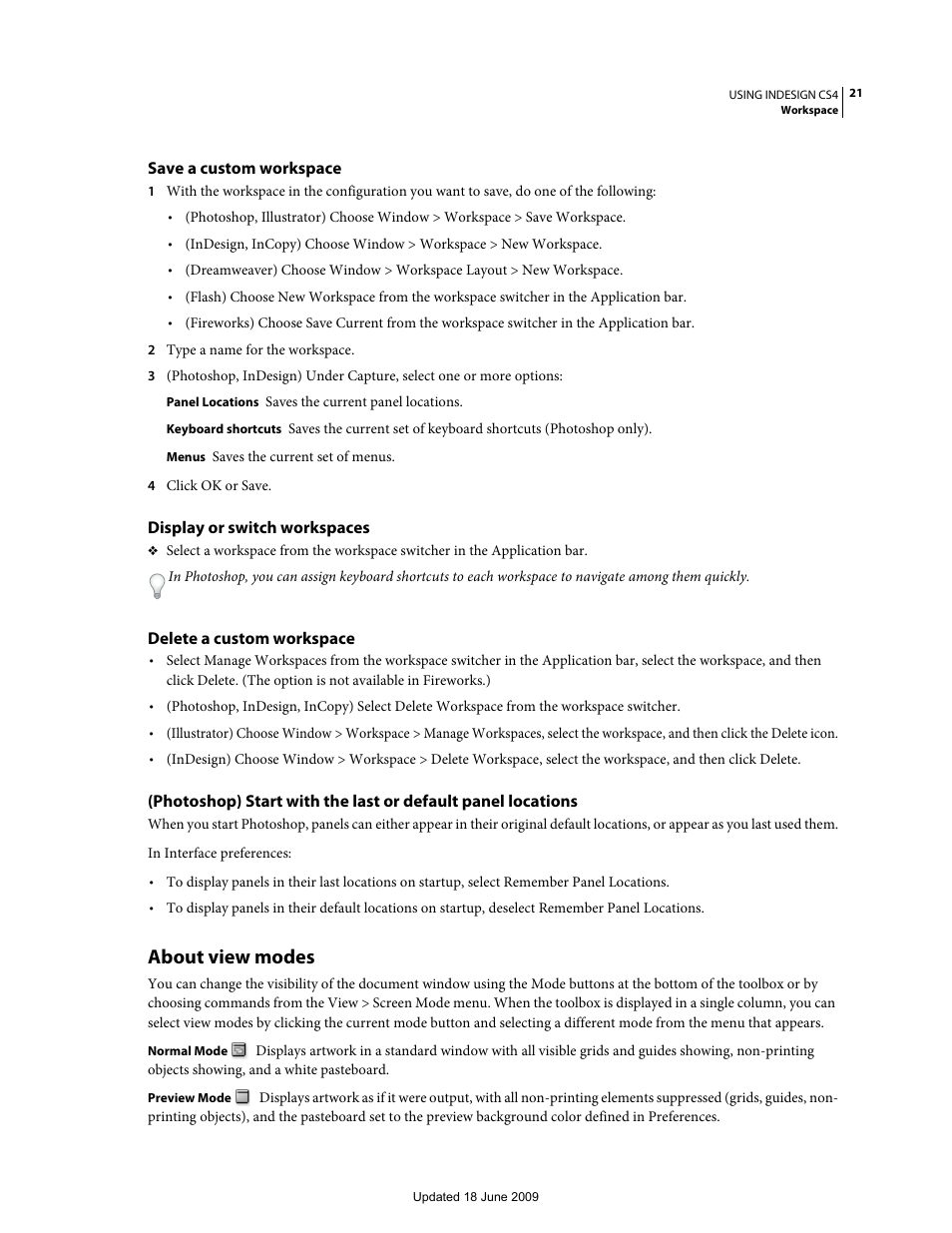 Save a custom workspace, Display or switch workspaces, Delete a custom workspace | About view modes | Adobe InDesign CS4 User Manual | Page 29 / 717