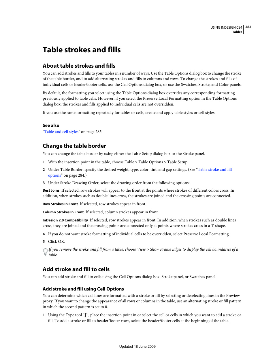 Table strokes and fills, About table strokes and fills, Change the table border | Add stroke and fill to cells, Add stroke and fill using cell options | Adobe InDesign CS4 User Manual | Page 290 / 717