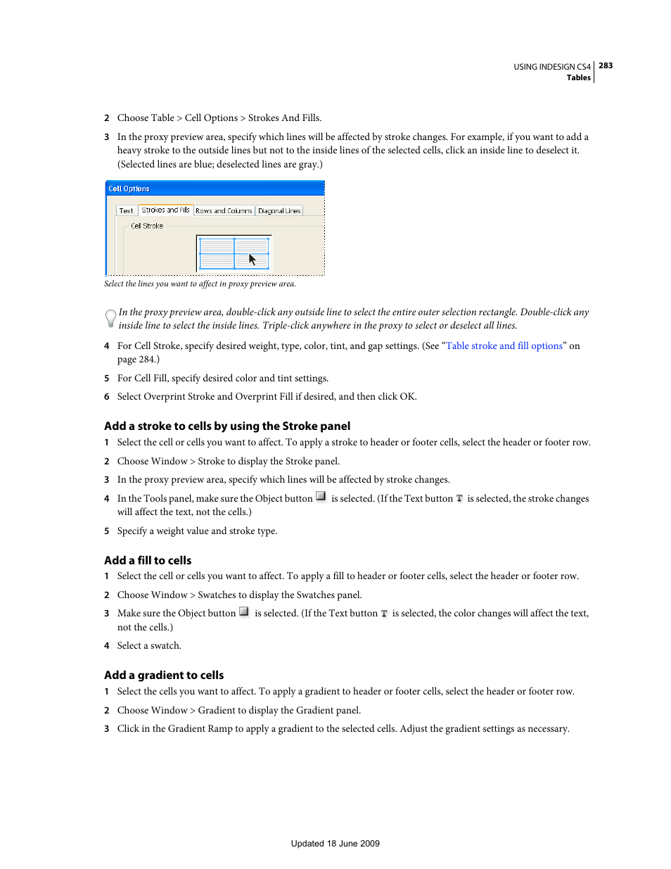 Add a stroke to cells by using the stroke panel, Add a fill to cells, Add a gradient to cells | Adobe InDesign CS4 User Manual | Page 291 / 717