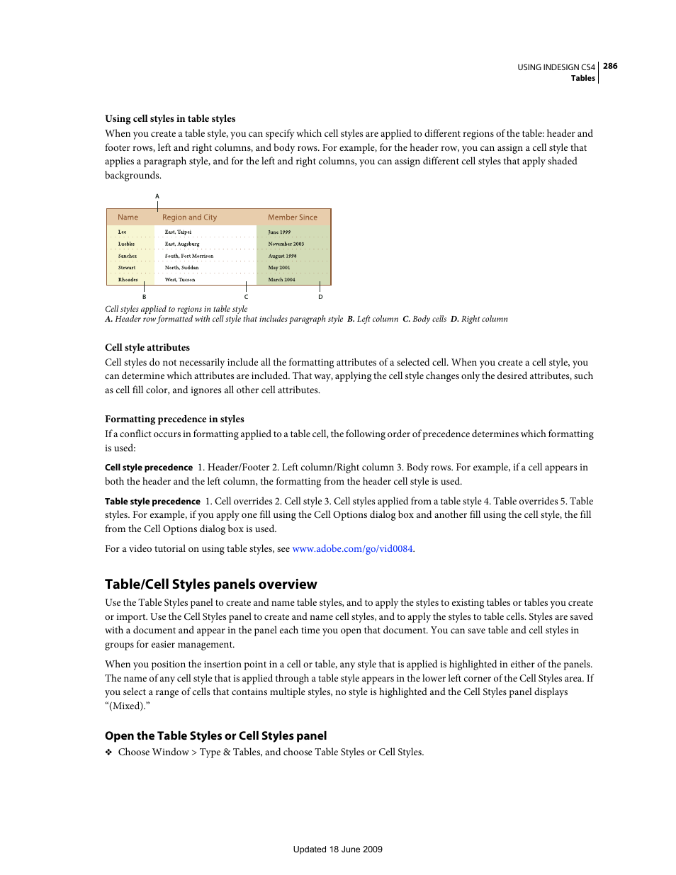 Table/cell styles panels overview, Open the table styles or cell styles panel | Adobe InDesign CS4 User Manual | Page 294 / 717