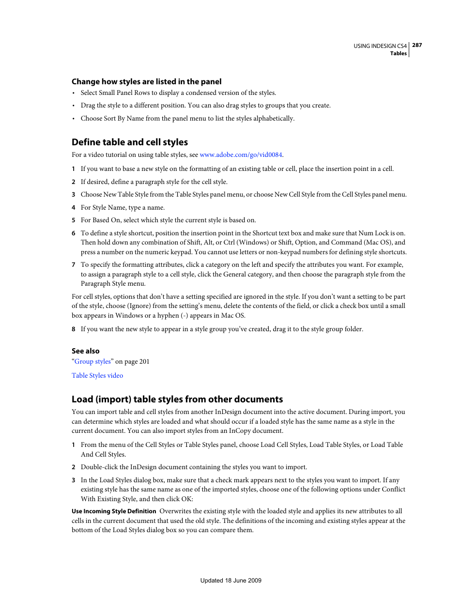 Change how styles are listed in the panel, Define table and cell styles, Load (import) table styles from other documents | Adobe InDesign CS4 User Manual | Page 295 / 717