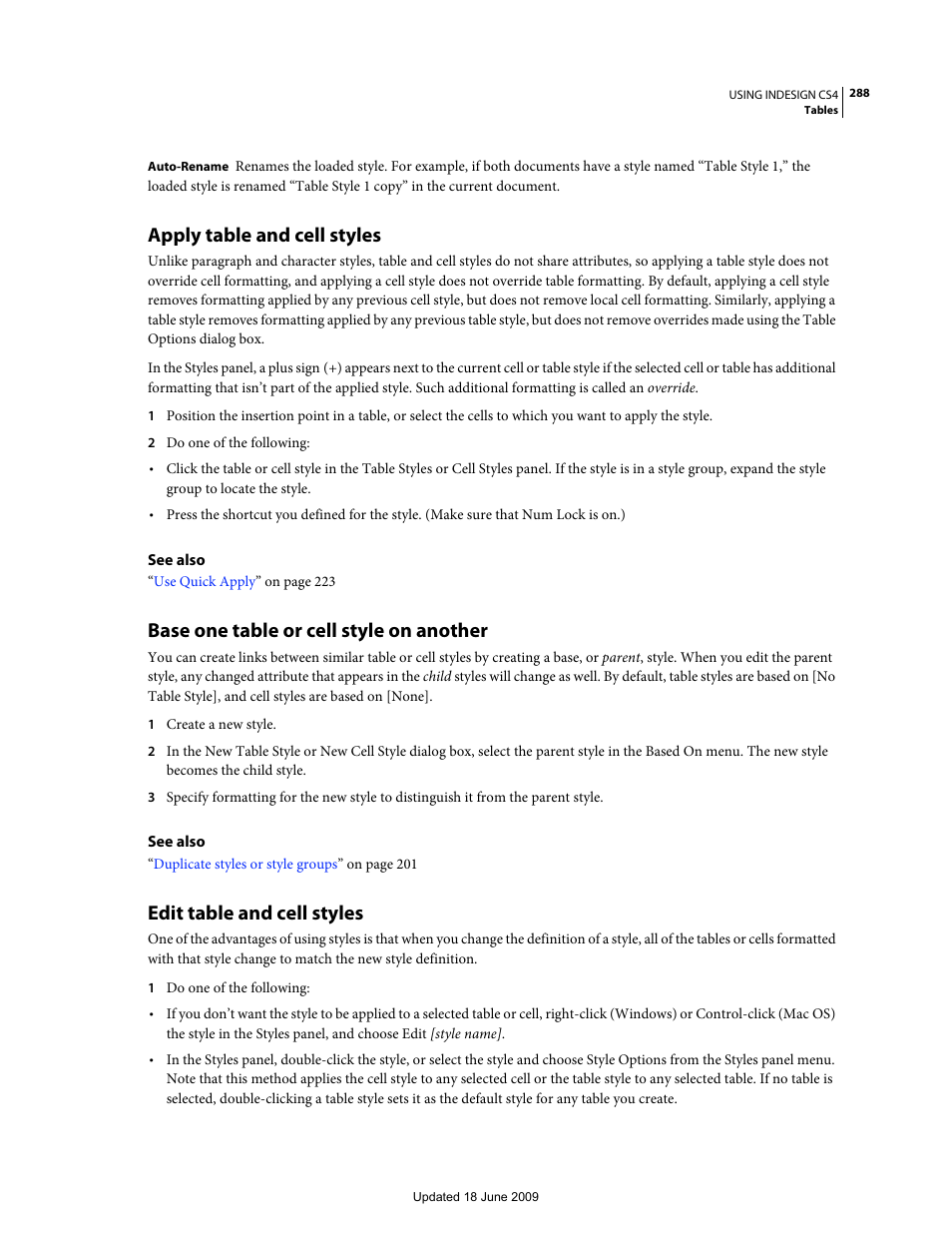 Apply table and cell styles, Base one table or cell style on another, Edit table and cell styles | Adobe InDesign CS4 User Manual | Page 296 / 717