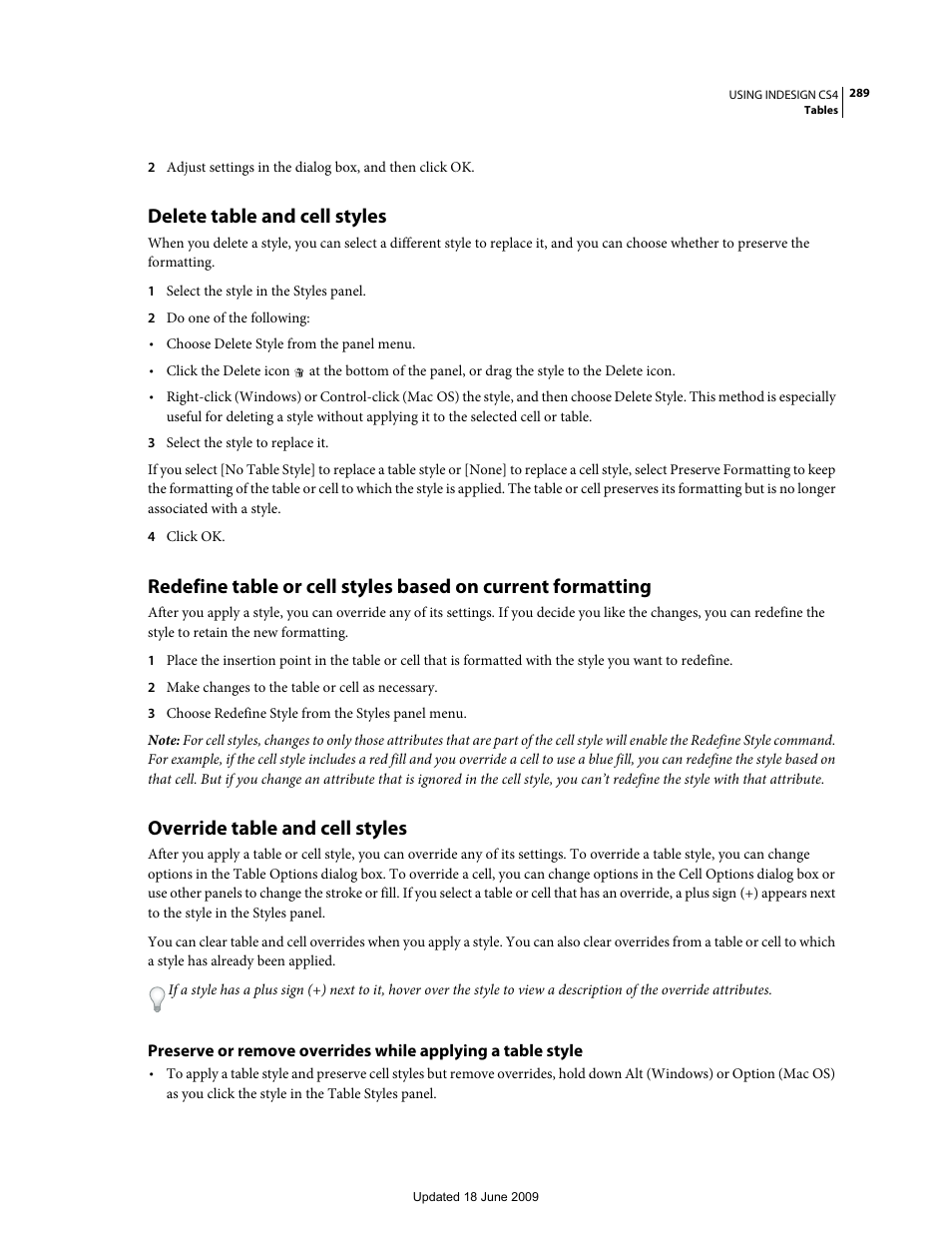 Delete table and cell styles, Override table and cell styles | Adobe InDesign CS4 User Manual | Page 297 / 717
