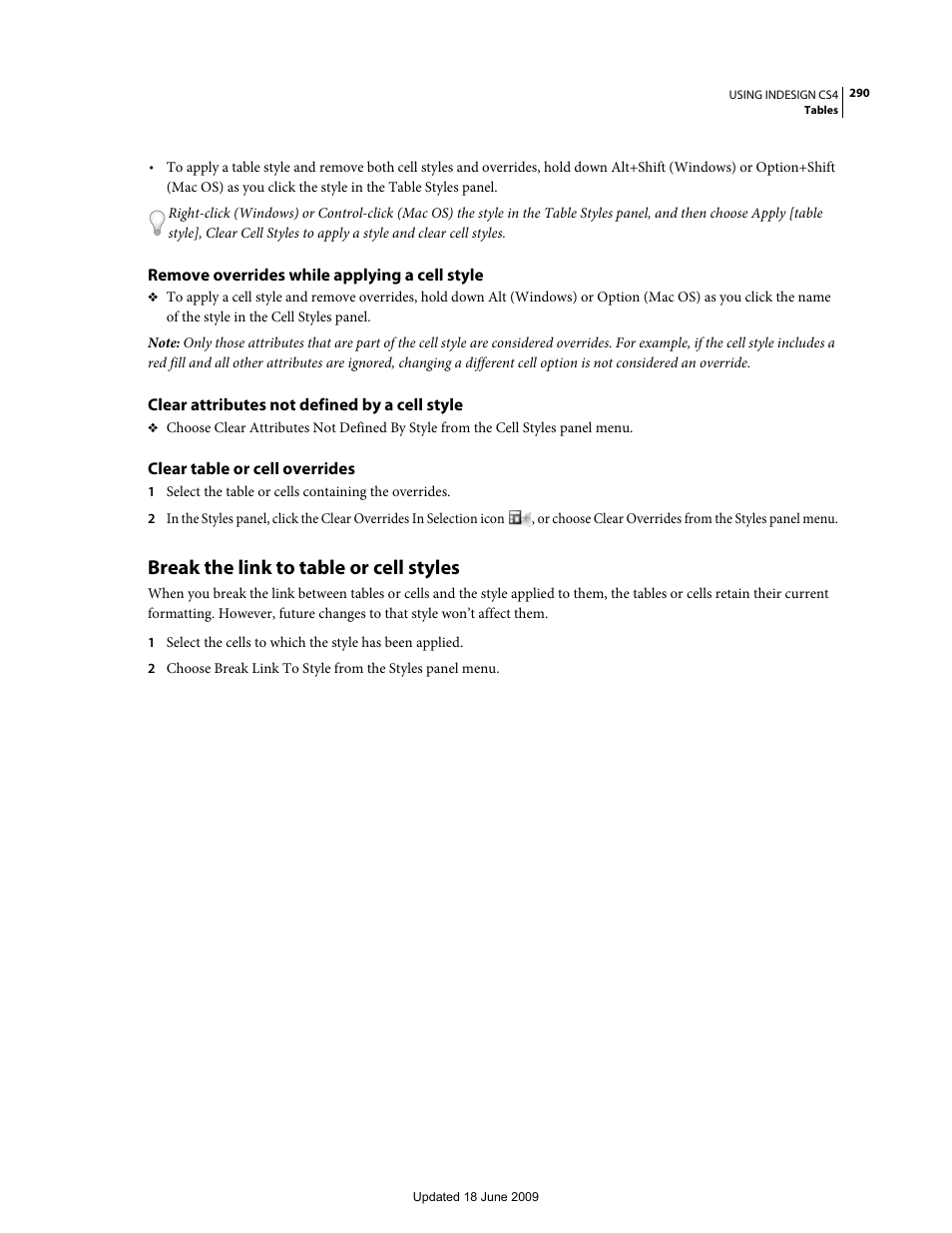 Remove overrides while applying a cell style, Clear attributes not defined by a cell style, Clear table or cell overrides | Break the link to table or cell styles | Adobe InDesign CS4 User Manual | Page 298 / 717