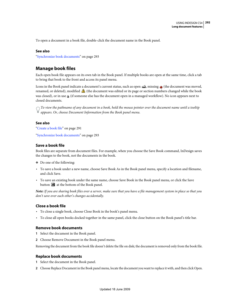 Manage book files, Save a book file, Close a book file | Remove book documents, Replace book documents | Adobe InDesign CS4 User Manual | Page 300 / 717