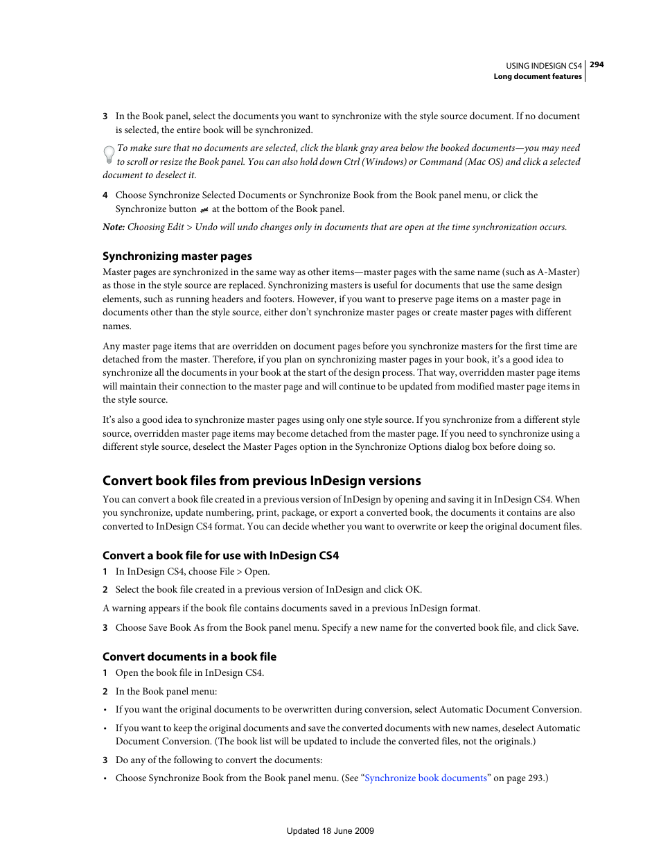 Convert book files from previous indesign versions, Convert a book file for use with indesign cs4, Convert documents in a book file | Adobe InDesign CS4 User Manual | Page 302 / 717