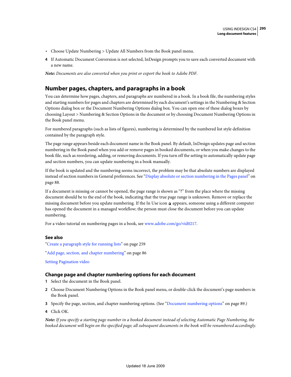Number pages, chapters, and paragraphs in a book | Adobe InDesign CS4 User Manual | Page 303 / 717