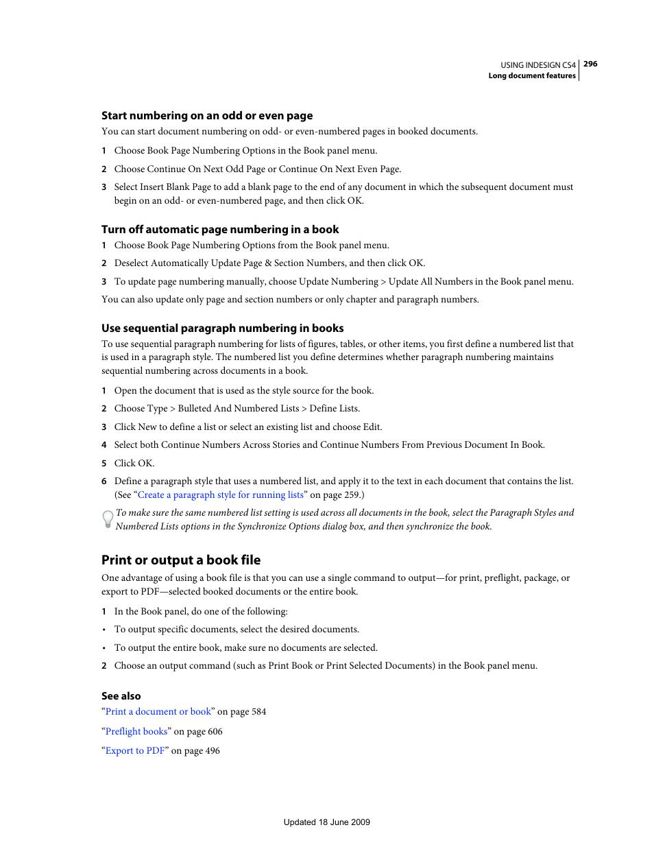 Use sequential paragraph numbering in books, Print or output a book file | Adobe InDesign CS4 User Manual | Page 304 / 717